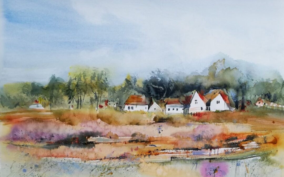 Aquarell Dorf an der Heide